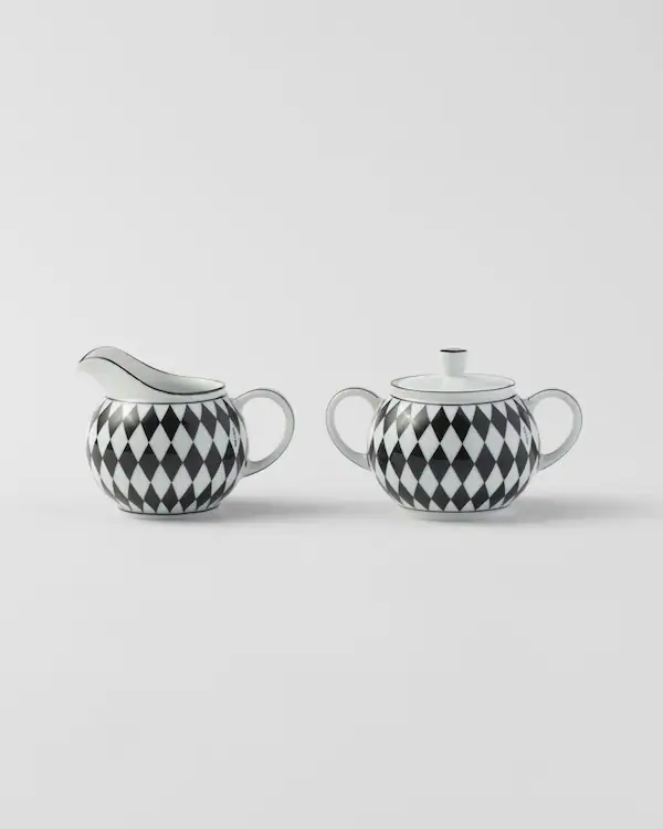 Ensemble de cruche à lait et sucrier en porcelaine - Échiquier