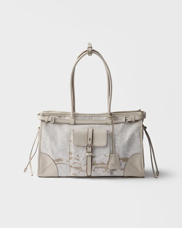 Sac à main en lin imprimé et cuir Prada Bonnie grand