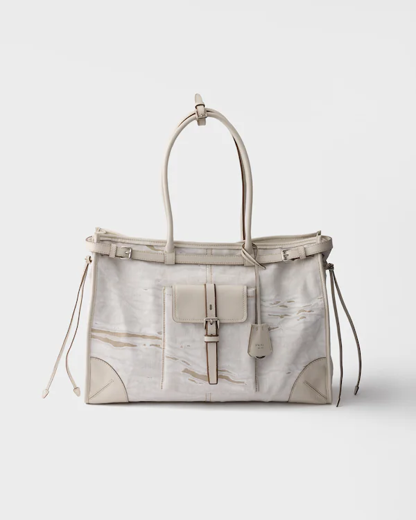 Sac à main en lin imprimé et cuir Prada Bonnie