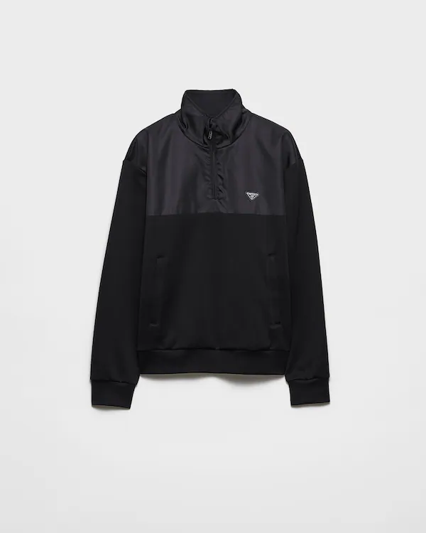 Sweat à manches longues en molleton coton avec fermeture éclair à mi-longueur et détails Re-Nylon